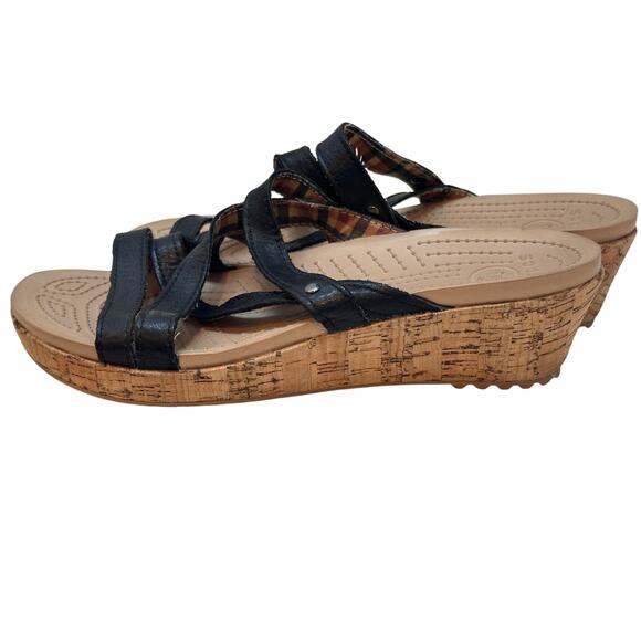 Women’s Black Strappy Wedge Sandals Slip-On Comfort Cork Platform 2.5” Heel - Picture 5 of 6